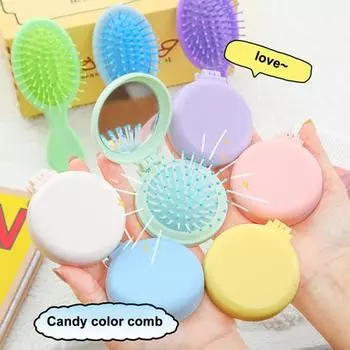 Расческа на воздушной подушке, милая портативная складная расческа ярких цветов с зеркалом, нежный массаж для не спутывания волос E