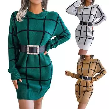 Расклешенная трикотажная юбка с длинными рукавами для женщин, утягивающая с платьем с отворотом L зелёный