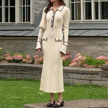 Расклешенная трикотажная юбка с длинными рукавами для женщин на осень, стройнящая с платьем с лацканами L бежевый