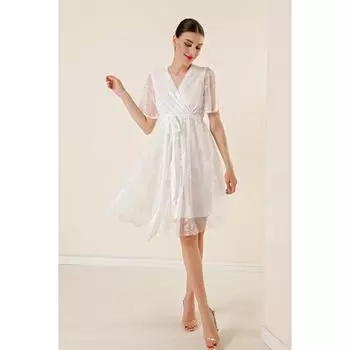 Расклешенная юбка с двубортным воротником и поясом на подкладке, кружевное платье