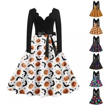 Расклешенное платье с принтом Хэллоуина для женщин Платье с длинным рукавом Повседневные платья XXXL зелёный