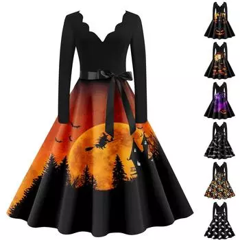 Расклешенное платье с принтом Хэллоуина для женщин Платье с длинным рукавом Повседневные платья XXXL имбирный