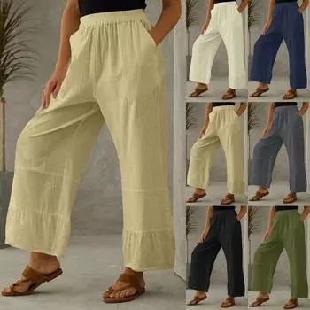 Расклешенные эластичные широкие брюки со средней талией, женские хлопковые льняные брюки с карманами L