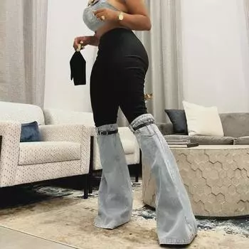 Расклешенные брюки для женщин в европейском и американском стиле — осень 2025 г. Новый контрастный дизайн из денима Extra Large светло-синий