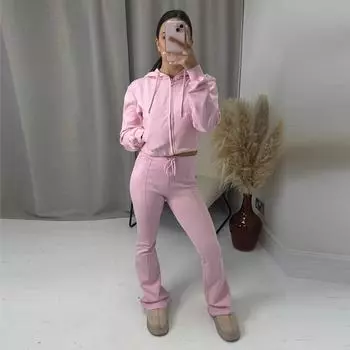 Расклешенные брюки комплекты женские 2 шт 2025 новая мода толстовка с капюшоном пальто женский костюм повседневный комплект из двух частей женские наряды S синий