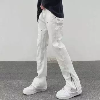 Расклешенные брюки прямого кроя унисекс: Плиссированные, повседневные, свободные рабочие брюки в уличном стиле L чёрный