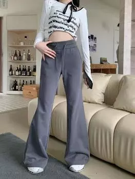 Расклешенные брюки в американском стиле с высокой талией, женские летние новые поступившие утягивающие спортивные брюки с рисунком лошадиного копыта, повседневные серые спортивные брюки S чёрный