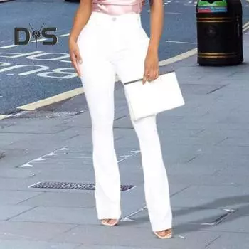 Расклешенные джинсы для женщин, эластичные брюки-клеш, утягивающие джинсы с высокой талией и карманами L белый