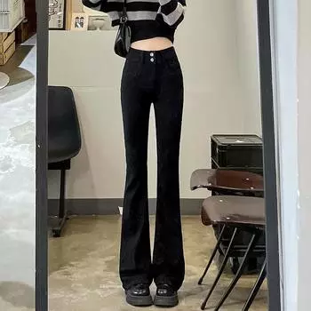 Расклешенные джинсы из утолщенного флиса с двумя пуговицами, женские брюки, осенне-зимние утягивающие брюки с высокой талией XS