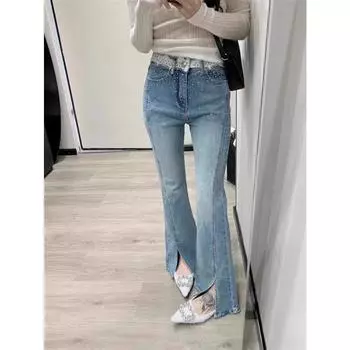 Расклешенные джинсы с кружевом и стразами, разрезом на талии, женские джинсовые брюки с высокой талией, большие размеры 3XL, летние осенние джинсовые брюки S