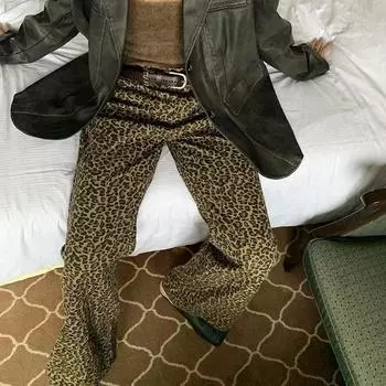 Расклешенные джинсы с леопардовым принтом, узкие широкие брюки с высокой талией, индивидуальные винтажные повседневные брюки XL леопардовый