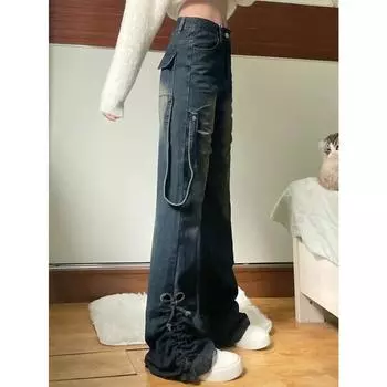 Расклешенные джинсы с рюшами и бантом, женские джинсовые брюки размера плюс y2k, феякор 2000-х годов, гранж, высокая талия, небольшой вырез, расклешенный низ S синий