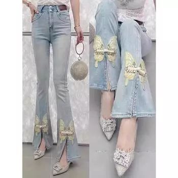 Расклешенные джинсы с вышитыми бабочками и ромбовидным разрезом, женские слегка расклешенные джинсовые брюки с высокой талией, большие размеры 3XL S синий