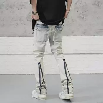 Расклешенные рабочие джинсы в стиле ретро 2023 года с молнией сзади — унисекс, тяжелая мода M светло-синий