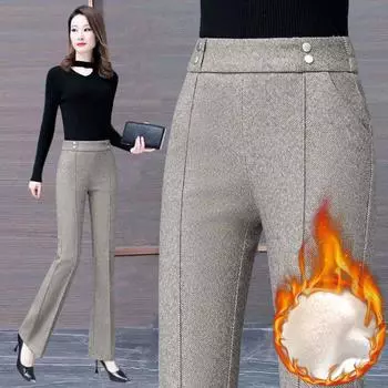 Расклешенные шерстяные брюки-клеш с вельветовой подкладкой, облегающие зимние эластичные брюки с высокой талией для офиса, элегантные повседневные брюки, классические женские Spodnie S