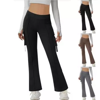 Расклешенные штаны для йоги с карманами - леггинсы для йоги с высокой талией и V-образным вырезом - расклешенные леггинсы для тренировок в спортзале L чёрный