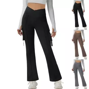 Расклешенные штаны для йоги с карманами - леггинсы для йоги с высокой талией и V-образным вырезом - расклешенные леггинсы для тренировок в спортзале XXL