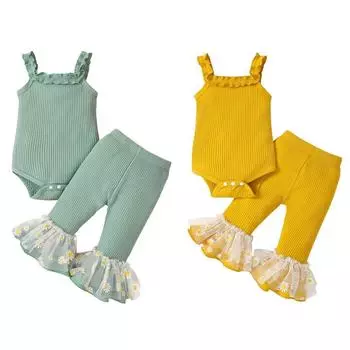Расклешенный наряд для девочек, укороченный топ на бретельках с рюшами и пуговицами, брюки-клеш, леггинсы, брюки, летняя одежда в стиле хиппи для малышей 70