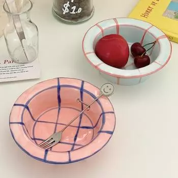 Раскрашенная вручную чаша из соломенной шляпы Французская керамическая миска для йогурта Ретро иллюстрация Высокоборосиликатная термостойкая миска для фруктов Салатница синий