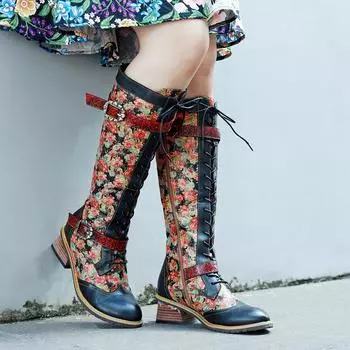 Раскрашенные вручную длинные сапоги из натуральной кожи в стиле пэчворк в винтажном суде с кружевной отделкой на высоком каблуке 36