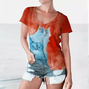 Раскрашенные вручную женские милые футболки с мультяшным котом, короткие рукава, 3D-принт, уличный стиль, женские футболки, свободные повседневные топы с V-образным вырезом, большие размеры S