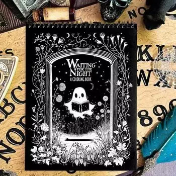 Раскраска «В ожидании ночи» Готика 30 перфорированных листов Драконы Кошки Цитаты Скрепленные спиралью Портативная раскраска из листов бумаги плотностью 160 г/м чёрный
