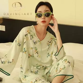 Распечатать атласный шелк сексуальная пижама для женщин длинные рукава брюки пижамы 2 шт. комплект домашняя одежда женские пижамы наряды домашний костюм Pjs M