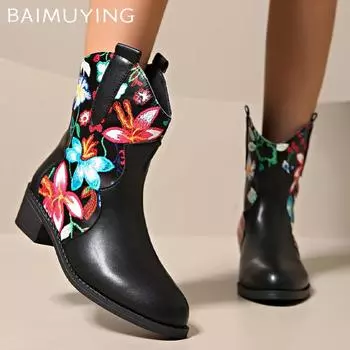 Распечатать случайные женские ботильоны из кожи с острым носком, дизайнерские туфли на среднем каблуке, трендовые зимние туфли на толстом каблуке в готическом стиле Botas De Mujer 35