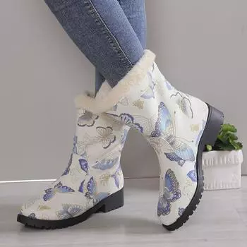 Распечатать случайные женские зимние сапоги теплые меховые туфли бабочка середина икры зимние дизайнерские 2024 плюшевые туфли-лодочки на среднем каблуке домашние хлопковые тапочки 36 чёрный