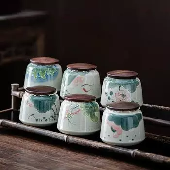 Расписанная вручную глазурь из лотоса, растрескавшаяся глазурь, банка для чая из сандалового дерева, герметичная банка для чая, декоративная банка для домашнего использования, 200 мл
