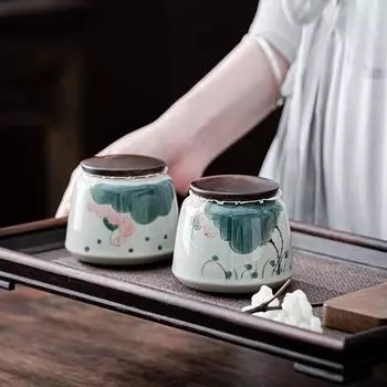 Расписанная вручную глазурь из лотоса, растрескавшаяся глазурь, банка для чая из сандалового дерева, герметичная банка для чая, декоративная банка для домашнего использования, 200 мл