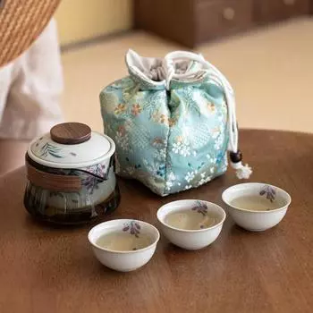 Расписанная вручную керамическая чашка для быстрого приготовления, одна кастрюля, три чашки, стеклянный дорожный чайный набор, заварочный чайник для улицы, переносная сумка для хранения