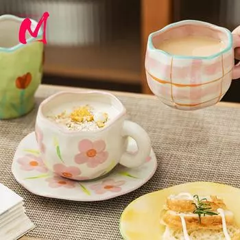 Расписанная вручную керамическая чашка для кофе с цветком, кружка для домашнего офиса с блюдцем, чашка для завтрака, молока, сока, чая, подарочный набор посуды для питья 200-400ml