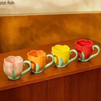 Расписанная вручную керамическая кружка «Тюльпан» Кофейные чашки в форме цветка Чашки для завтрака Кружка для молока Чашка для послеобеденного чая Стаканы для воды Чашка для чая с молоком 201-300ml оранжевый