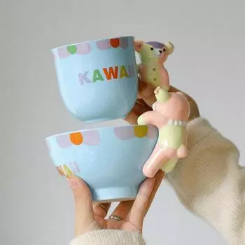 Расписанная вручную радужная чаша с объемным медведем и буквами Керамическая кружка Мороженое Десерт Торт Столовая посуда Прекрасный завтрак Кухонные принадлежности 5 inch