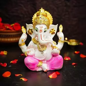 Расписанная вручную статуэтка Ганеши (5 дюймов) | Ганеша Мурти из мраморной пыли для комнаты для пуджи, домашнего декора, офисного стола | Красочная статуэтка Винаягара из смолы