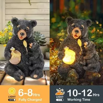 Расписанная вручную статуя медведя со светодиодной подсветкой из смолы, украшение в виде мамы-медведя, украшение для сада, украшение для лужайки на открытом воздухе чёрный
