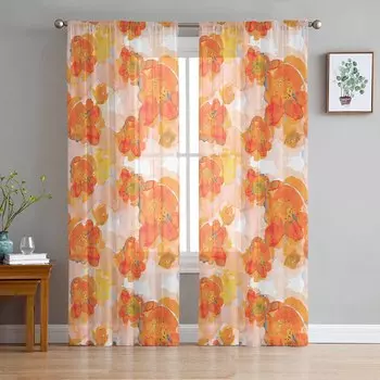 Расписанные вручную оранжевые акварельные цветы тюль оконные шторы для спальни роскошный домашний декор шторы в гостиной шифоновые панели 135W x 114H(cm)