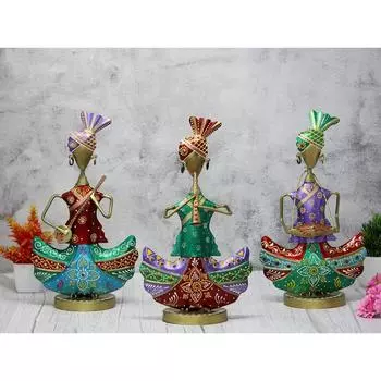 Расписанные вручную племенные музыканты из железа, декоративный предмет, экспонат для домашнего декора, подарок, многоцветный (Длина 7 дюймов*Высота 13 дюймов) - Набор из 3 шт., Винтаж