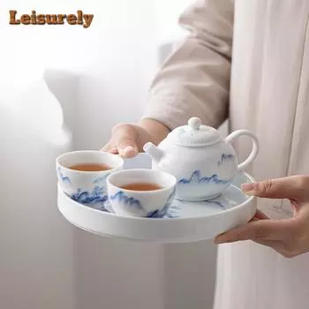 Расписанный вручную белый фарфоровый чайный сервиз Dehua, полный набор, поднос для чая, набор для чайной церемонии, чайник и набор чашек для чая в стиле кунг-фу, предметы для творчества