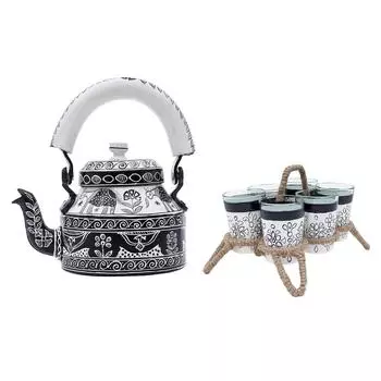 Расписанный вручную разноцветный алюминиевый чайник и 6 стаканов с подставкой (Черно-белый) чёрный/белый