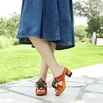 Расписные тапочки ручной работы. Женские сандалии на круглом каблуке из натуральной кожи в этническом стиле в стиле пэчворк с кружевом. 36 оранжевый