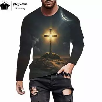 Распятие Узор Принт Мужская одежда O-образный вырез Длинные рукава Футболки для мужчин Повседневная мужская одежда Уличные распятие Графические футболки S