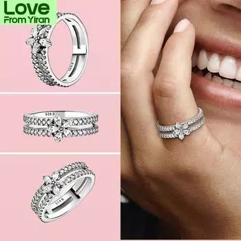 Распродажа 100% серебряное кольцо 925 пробы сверкающее двойное кольцо в виде снежинки для женщин оригинальные серебряные кольца 925 пробы ювелирные изделия Joyas 6