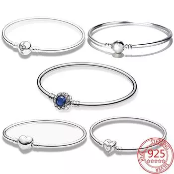 Распродажа 925 пробы стерлингового серебра Pan Moment Simple Heart застежка жесткий браслет с подвесками модные ювелирные изделия 18cm