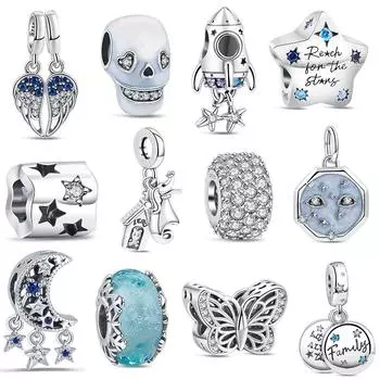 Распродажа 925 пробы стерлингового серебра подвеска в виде черепа смелая сверкающая звезда ракета луна подходит оригинальный браслет DIY ювелирные изделия подарки