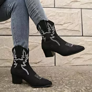 Распродажа больших размеров женские сапоги модные вышитые современные сапоги женские сексуальные остроносые сапоги до середины голени Zapatos 35 чёрный
