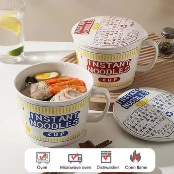 Распродажа Керамическая миска для лапши быстрого приготовления с ручкой Большая емкость для лапши быстрого приготовления Милый дизайн Миска для лапши быстрого приготовления с крышкой 5.25 inches