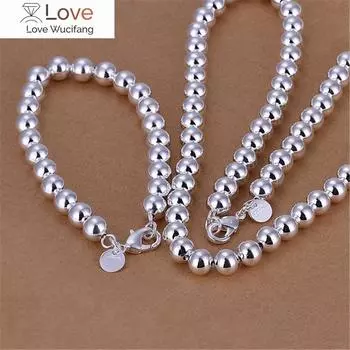 Распродажа классические 8 мм бусины 925 стерлингового серебра браслеты ожерелье комплект ювелирных изделий для женщин мода вечеринка свадебные аксессуары подарки