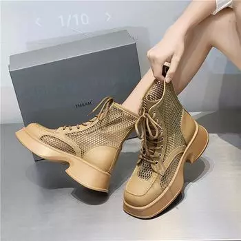 Распродажа, летние ботинки на толстой подошве с дышащей сеткой на платформе, женские мягкие ботильоны на полой подошве, повседневная обувь на шнуровке, женские крутые ботинки 36 белый